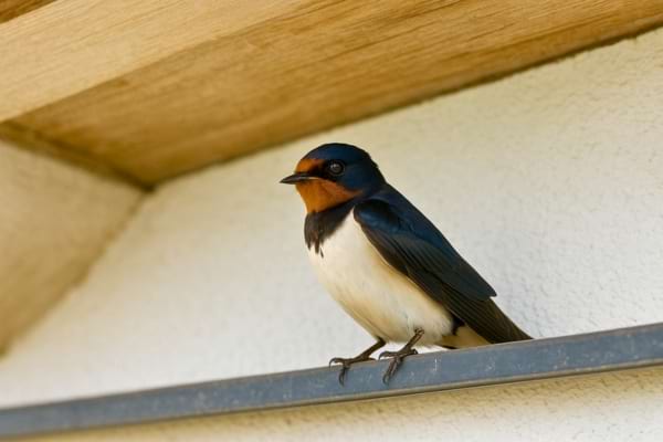 Une hirondelle est tranquillement perchée sous un toit de maison.
