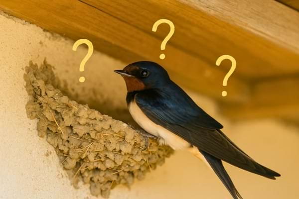 Une hirondelle perchée au nid semble hésitante, entourée de points d’interrogation.