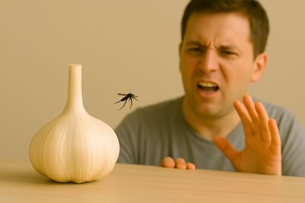 Un homme grimace en voyant un moustique voler près d’une tête d’ail sur une table.