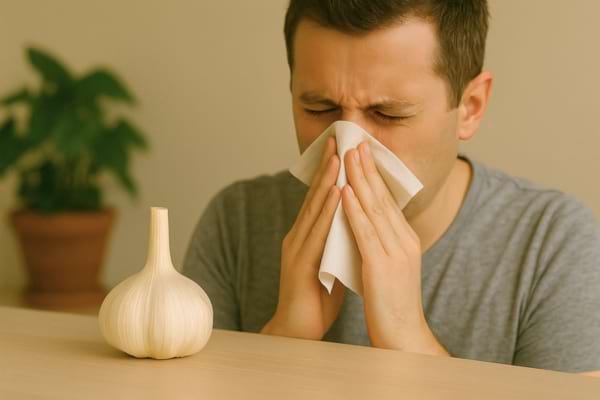 Le même homme éternue avec une serviette devant le nez, ail posé à côté.