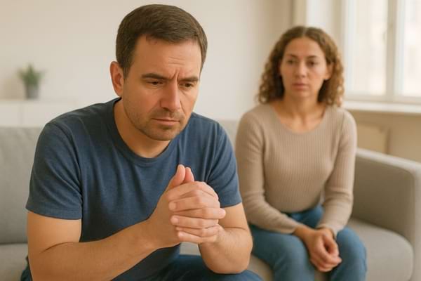 L’homme paraît pensif, plongé dans ses pensées. La femme reste silencieuse.