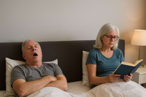 Un homme dort la bouche ouverte pendant que sa femme lit, agacée.