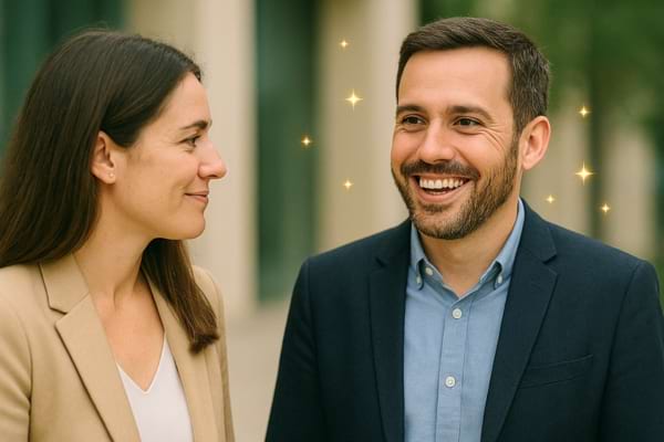 Une femme regarde un homme qui sourit largement, entouré de petites étincelles.