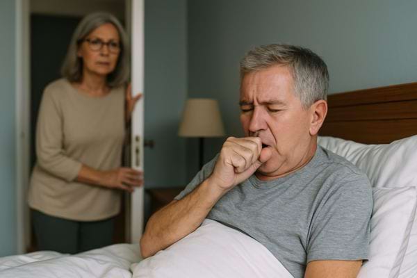 Un homme tousse au lit, sa femme semble inquiète.