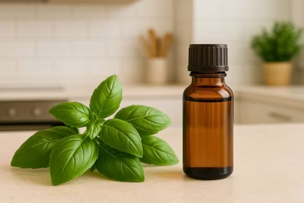 Un flacon d’huile essentielle posé à côté de feuilles de basilic.