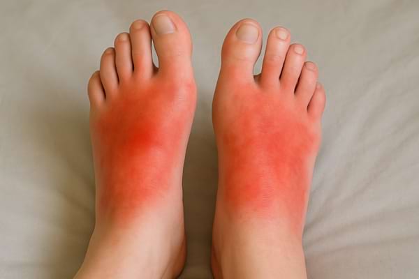 Forte rougeur sur les deux pieds posés côte à côte.