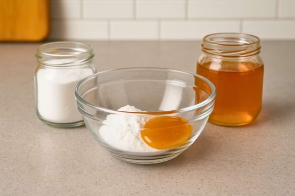 Trois pots sont posés : un de bicarbonate, un de miel et un bol mélangeur.