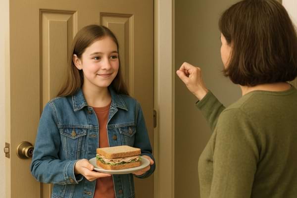 La fille reçoit un sandwich devant une porte, offerte par la femme.