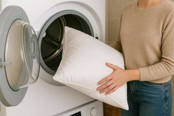 Une femme insère un oreiller blanc dans le tambour d'une machine à laver.