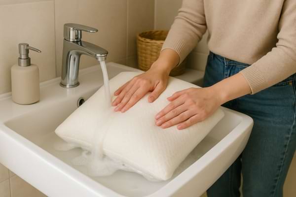 L'oreiller est lavé à la main dans un lavabo avec de l'eau savonneuse.
