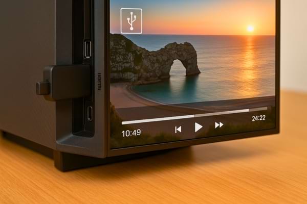 Une vidéo est en lecture sur un écran, branché via un port USB latéral.