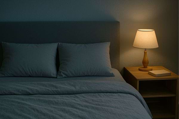 Un lit vide, parfaitement fait, avec deux oreillers et une lampe de chevet allumée.