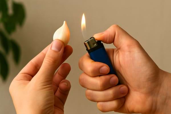 Une main tient une gousse d’ail face à une flamme de briquet.