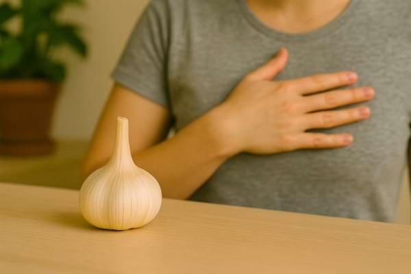 Une femme pose la main sur sa poitrine en étant assise devant une gousse d’ail.