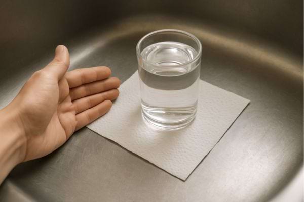 Une main se dirige vers le verre placé sur le papier.