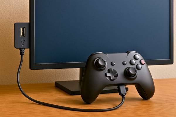 Une manette de jeu noire est branchée à l’écran via un port USB pour jouer directement.