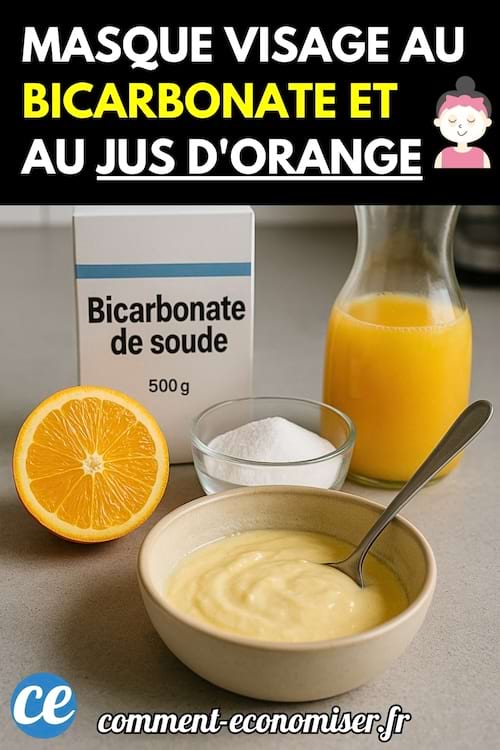 Ingrédients naturels sur une table : bicarbonate de soude, jus d'orange, demi-orange, bol de masque et cuillère.