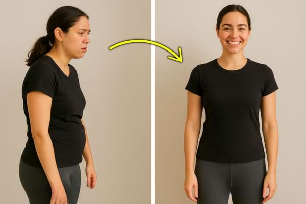 Femme avant/après avec mauvaise posture puis posture droite, elle semble transformée et plus confiante.