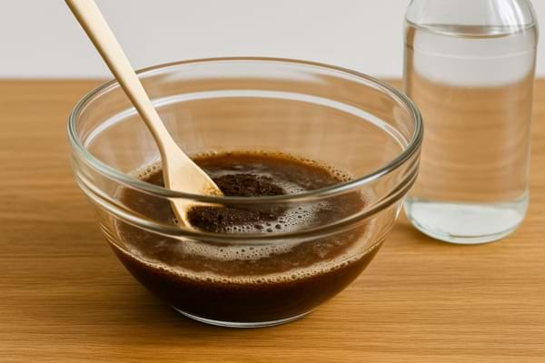 Mélange brun de marc de café et vinaigre dans un bol en verre, avec une cuillère en bois.