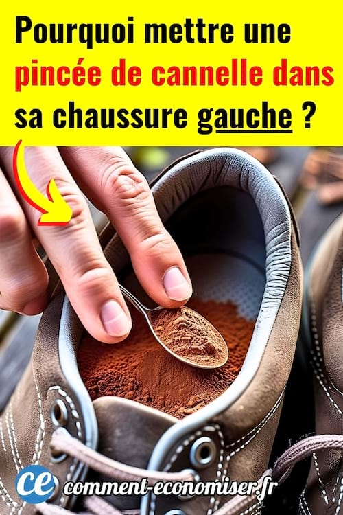 Une main qui met une pincée de cannelle dans la chaussure gauche