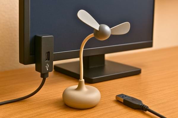 Un mini ventilateur USB est branché sur un écran d’ordinateur posé sur un bureau en bois. 