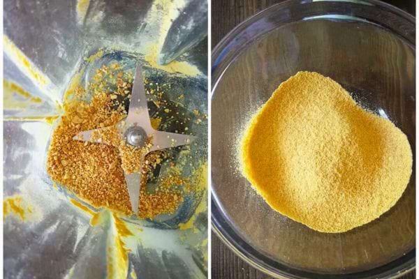 Zeste broyé dans un mixeur, puis tamisé en poudre fine.