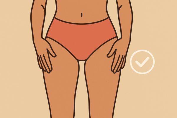 Corps féminin sans écart avec un symbole validant.