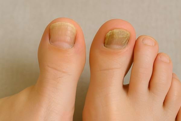 Ongles épaissis et décolorés à cause d’une mycose.