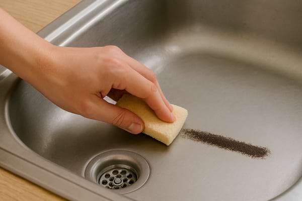 Une main nettoie un évier en inox avec une éponge, en frottant une trace sombre.