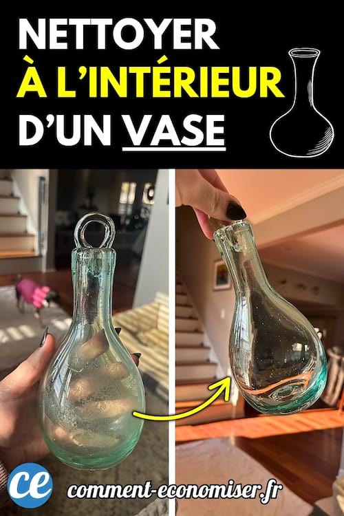 Un vase en verre transparent tenu à la main, avec une vue avant et après nettoyage.