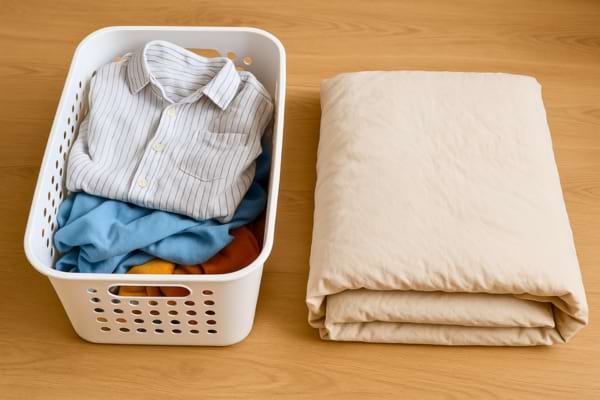 Un panier rempli de vêtements propres à côté d’une couette pliée beige.