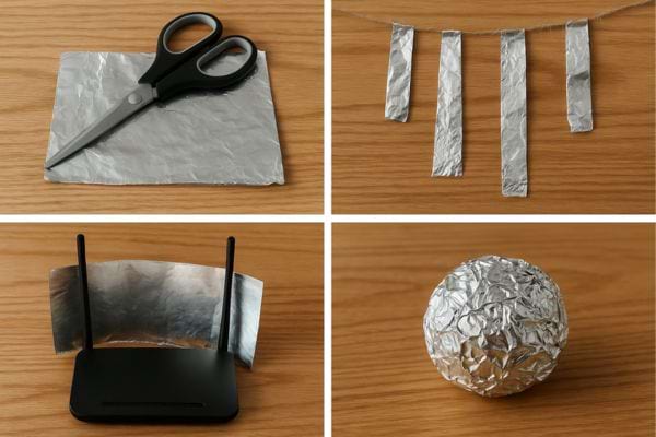 Papier alu découpé en astuces DIY, comme booster le Wi-Fi.