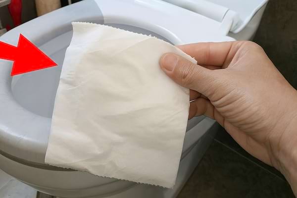 Une main qui pose un morceau de papier toilette dans la cuvette des WC