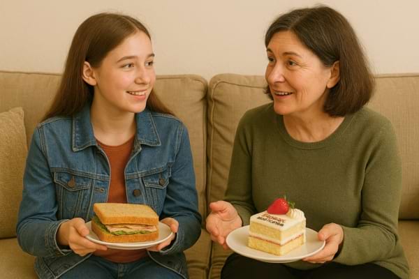 Une femme et une fille échangent un gâteau et un sandwich.
