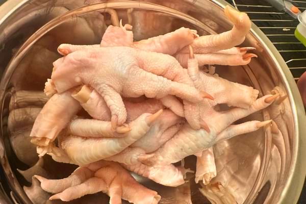 Des pieds de poulet crus sont empilés dans un grand bol en métal brillant.
