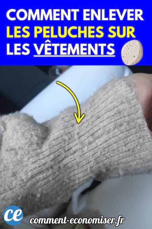 Manche d’un pull en laine beige avec des peluches visibles, pointée par une flèche jaune.