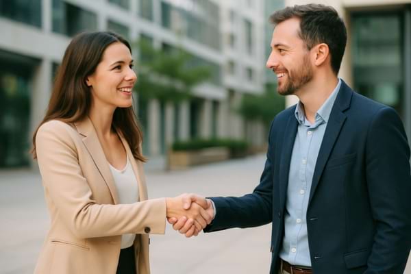 Ils se serrent la main avec complicité, souriants, dans un cadre urbain moderne.
