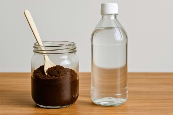 Un pot de marc de café avec une cuillère et une bouteille de vinaigre posés sur une table.