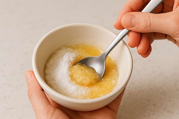 Une cuillère mélange du miel et du bicarbonate dans un petit bol blanc.