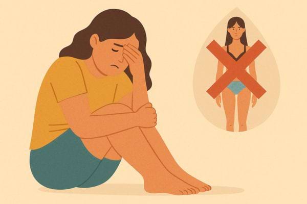 Jeune fille triste assise, affectée par les standards.