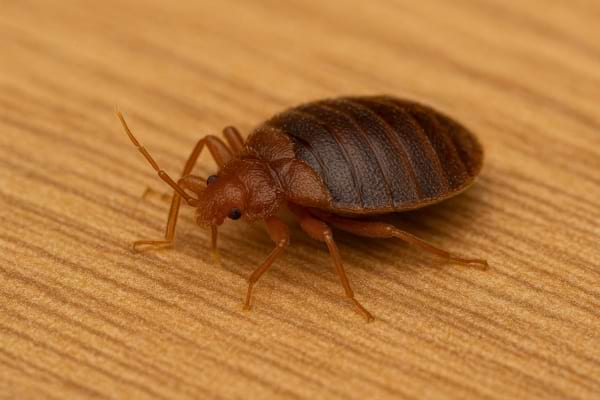 Punaise de lit brune sur surface en bois clair.