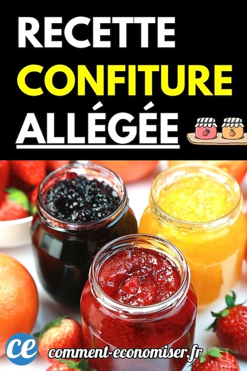 Trois pots de confiture allégée rouge, jaune et noire, entourés de fraises et d’agrumes sur une table claire.