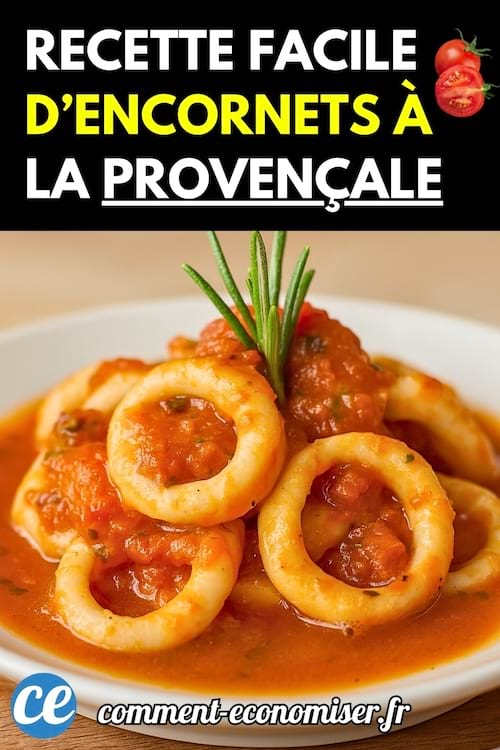 Assiette creuse remplie d'encornets en rondelles nappés d'une sauce tomate épaisse et garnie d'une branche de romarin.