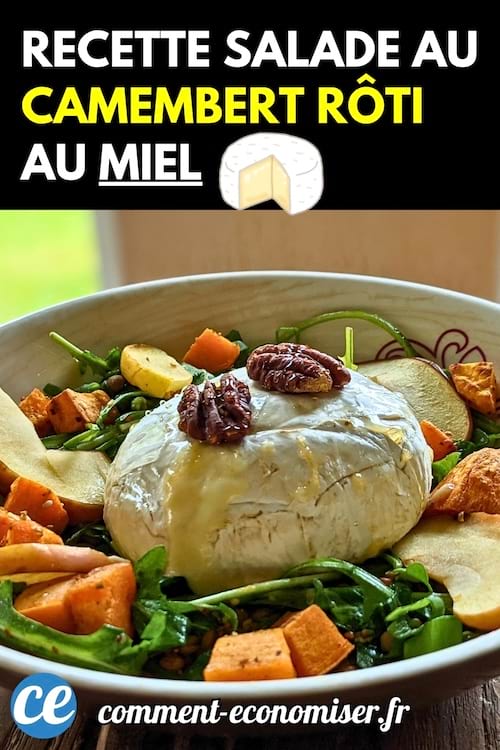 Un camembert rôti coulant au centre d'une salade composée de patates douces, noix, pommes et jeunes pousses.