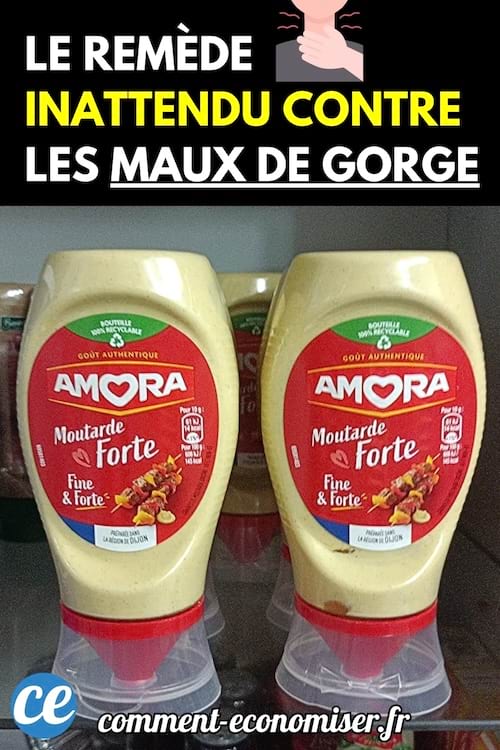 Deux bouteilles de moutarde forte de la marque Amora posées sur une étagère.
