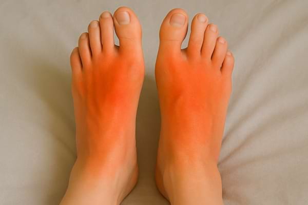 Dessus des pieds rouges, signe possible d'inflammation.