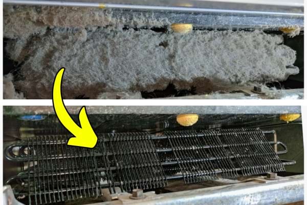 Avant/après du nettoyage de la grille arrière d’un frigo pleine de poussière.