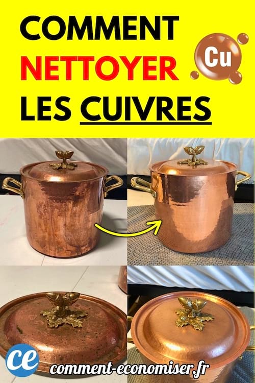 Une marmite en cuivre avant et après nettoyage, montrant un résultat brillant et sans taches.