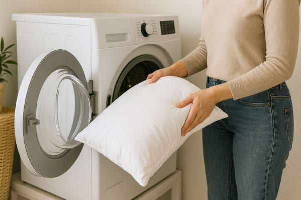 La femme retire un oreiller propre de la machine à laver.