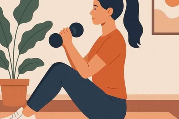 Femme assise faisant du sport avec haltères.